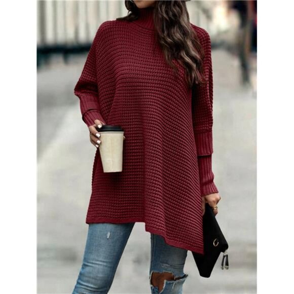 NEW - Turtleneck Batwing Sleeve Poncho,Long Sleeve Tops Knit Pullover Fall - Picture 3 of 8